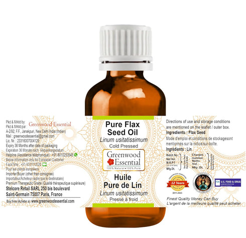 Pure Flax Seed Oil (Linum usitatissimum) 100% Natural Therapeutic Grade Cold Pressed 50ml