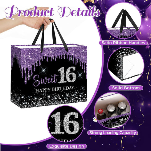 Yoirrat 16 16th Sweet Gift Bag with Wrapping Tissue Paper & Card Large Purple Black Glitter Happy Birthday Gift Bags