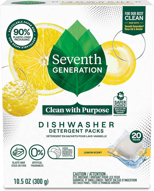Seventh Generation Dishwasher Detergent Pods, Lemon Scent, 20 Pods Blasts Away Stuck-On Food