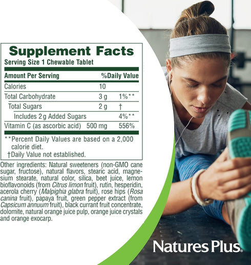 Natures Plus Orange Juice Chewable Vitamin C - 500 mg, 90 Tablets - Immune & Vascular Health Support Supplement