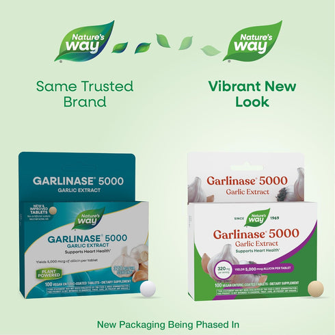 Nature's Way 5000, 100 (Packaging Garlinase Garlic Extract, Supports Heart Health*, Odor-Free, Vegan, Tablets May Vary)