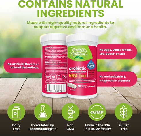 Mega-Strain 50B CFU Probiotics + Prebiotics, 30 Caps for Women & Men, No Refrigeration Required