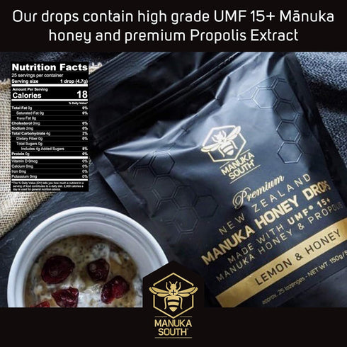 Manuka Honey Drops UMF 15+ / MGO 514+ & Propolis Drops, Natural Ingredients, Soothing Lemon & Honey Flavor - 25 Drops