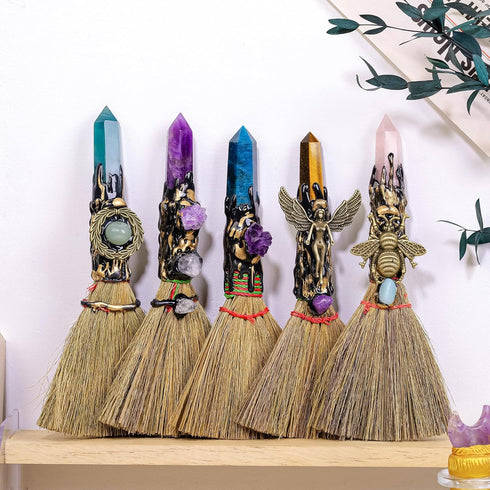Natural Crystal Broom Magic Sweeper Amethyst Tower Broom Healing Crystal Point Witch Altar Supplies for Crystal Therapy