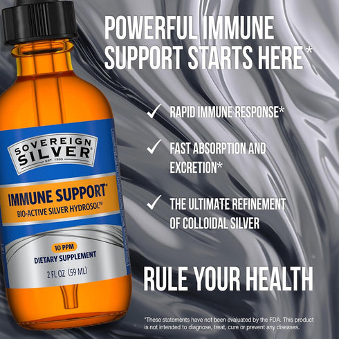 Immune 10 2 Oz, (59 mL) Sovereign Silver Support - Colloidal Silver, Bio-Active Silver Hydrosol, ppm, Liquid Dropper