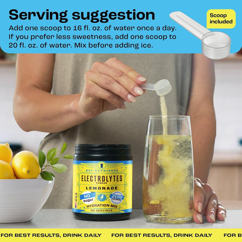 KEY NUTRIENTS No Sugar Multivitamin Electrolytes Powder, Refreshing Lemonade, 90 Servings, Made in USA