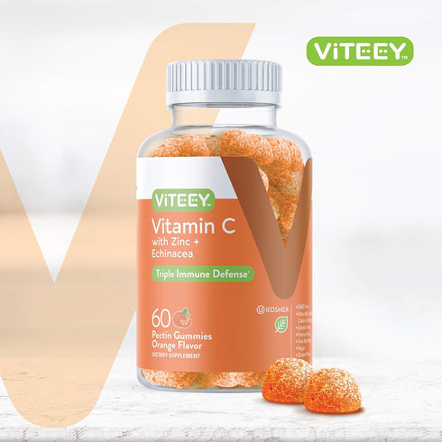 Viteey Vitamin C Gummies for Adults & Teens with Zinc & Echinacea - Vegan, Gelatin Free, Gluten Free, GMO Free, Tasty