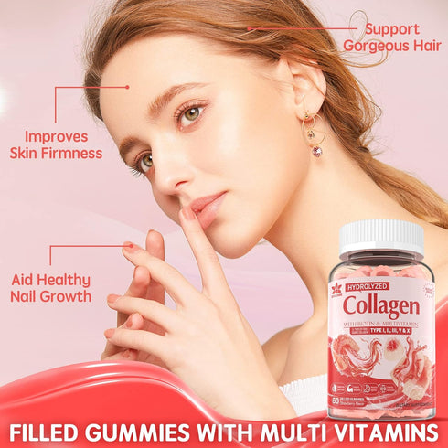 2Pack Sugar-Free Hydrolyzed Collagen Gummies - 1500mg Protein with 5000mcg Biotin & Vitamins for Skin, Hair & Energy