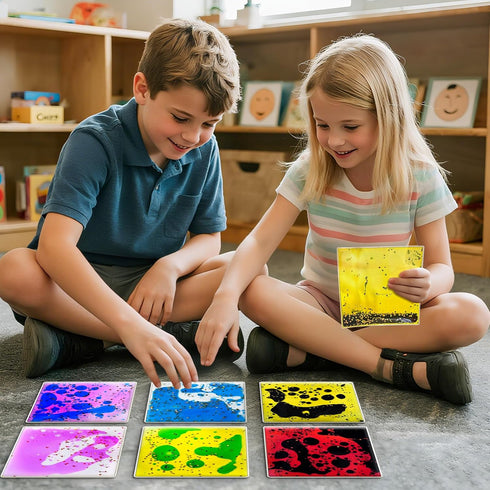 JUEOQOY 3+ 6" (6-Pack) Squishy Liquid Sensory Pads for Kids Ages Soft Glitter-Filled Tactile Pads for Squeezing, Desk