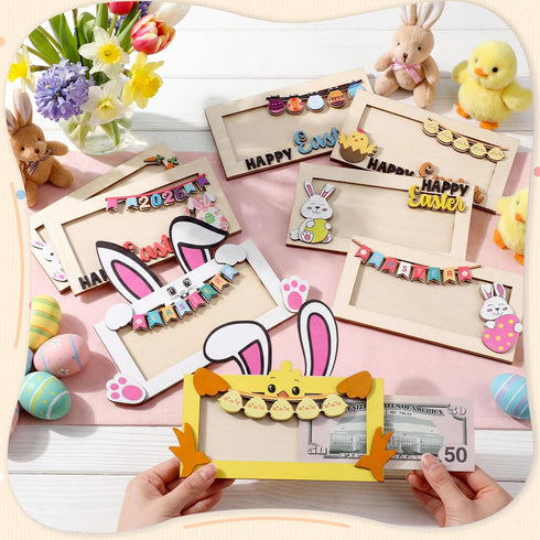 Yeyeplum 8 Set Pcs Easter Bunny Money Holder Wooden Money Holders Cash Gift Holder with Bunny Egg Chick Designs Box