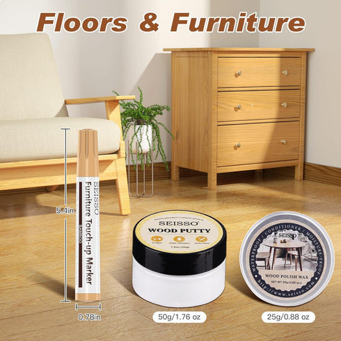 SEISSO Wood Furniture Repair Kit,12pcs Touch Up Markers and Wood Putty Fille Holes, Scratches, Cracks, Hardwood Floor Repair Kit for Door, Floor, Table, Cabinet Guitar, Covering, Wood Stain Pen Set