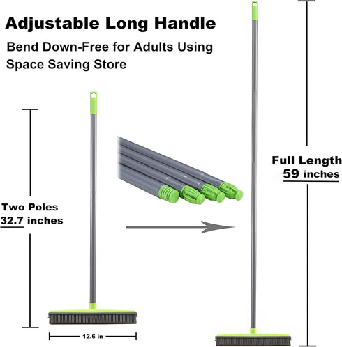 LandHope Push Broom Long Handle Rubber Bristles Sweeper Squeegee Edge 59 inches Non Scratch Bristle Broom for Pet Cat Dog Hair Carpet Hardwood Tile Windows Clean Water Resistant (Multi Segment Handle)