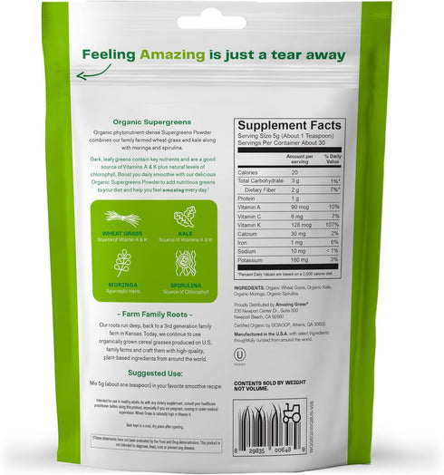 Amazing Grass Super Greens Booster, Greens Powder Smoothie Mix with Spirulina, Moringa, Wheat Grass & Kale, 30 Servings