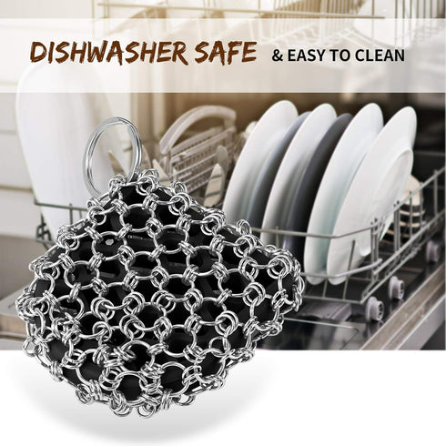 Herda 4 Pieces Cast Iron Scrubber Tool Kit, Chain Mail Scrubber, Steel Skillet Brush, Plastic Pan Scraper Set