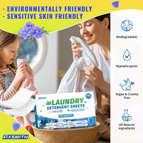 FIXSMITH Laundry Detergent Sheets, 100 Loads (50 Sheets), Fresh Linen Scent, Eco Friendly, Plastic-Free