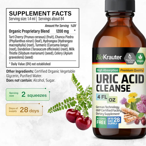 BIO KRAUTER Uric Acid Support Tincture, Natural Kidney Supplement with Tart Cherry, Milk Thistle, Turmeric, Vegan Drops