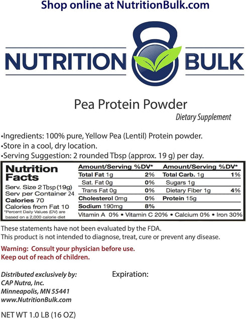 Pea Protein Powder - NutritionBulk.com, Isolate, Unflavored, Dairy-Free, Keto, Vegan, Gluten-Free, Non-GMO (1 lb)