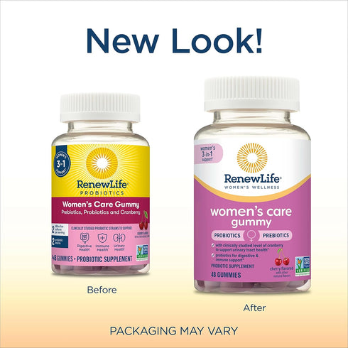 Renew Life Women's Care Cherry Prebiotic and Probiotic Gummies, Digestive, Urinary Tract and Immune Health, B. Coagulans and B. Subtilis, Dairy, Soy and gluten-free, 2 Billion CFU 48 Count
