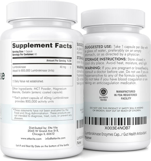 Potent Lumbrokinase Supplement (120 Servings) - 40mg/Serving, Max Activity 800,000 Units, Capsules for Energy Support