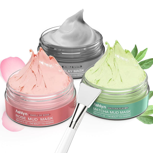 Ashlyn 3 PCS Clay Mask Set, Organic Facial Masks for Women, Green Tea and Rose Face Masks