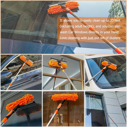 20+ Feet High Reach Dusting Kit with 3-14 ft Extension Pole, 2 in 1 Window Cleaning Kit, High Ceiling Duster, Cobweb