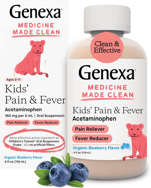 Genexa Kids’ Pain and Fever Reducer - Dye Free Liquid Acetaminophen, Organic Blueberry Flavor, 160 mg per 5mL