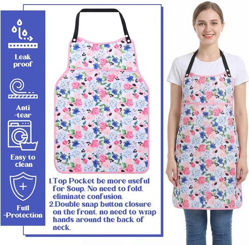 Quilax Adult Bibs for Women, Flower Pattern Adult Bibs for Seniors with Top Pocket Crumb Catcher, Waterproof Reusable