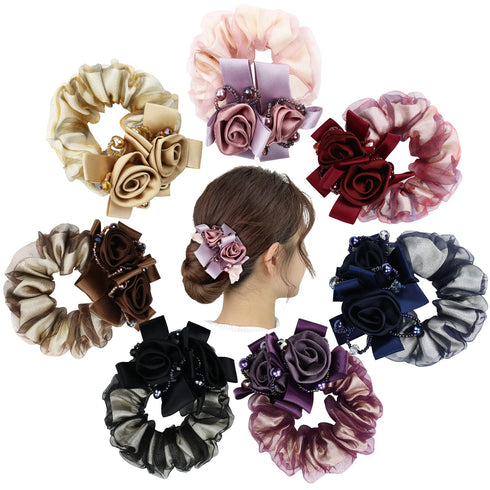 inSowni 7 Pack Sparkly Crystals Pearls Rose Flower Lace Hair Scrunchies, Fancy Decorative Accessories for Women Girls