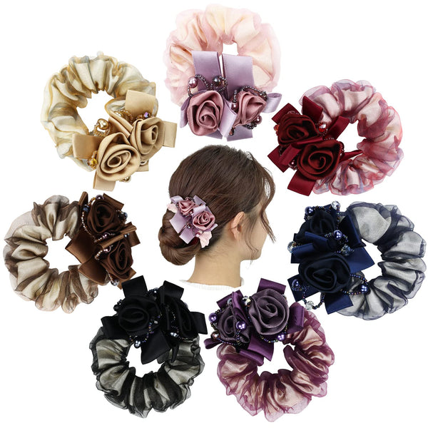 inSowni 7 Pack Sparkly Crystals Pearls Rose Flower Lace Hair Scrunchies, Fancy Decorative Accessories for Women Girls