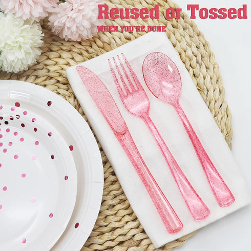 Plastic Utensils Set - 150 Pack Pink Silverware - 50 Forks, 50 Knives, 50 Spoons for Birthday, Wedding, Baby Shower