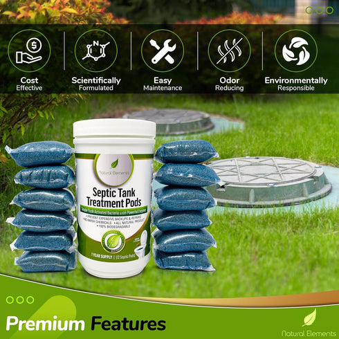 Natural Elements Septic Tank Treatment Pods | 1-Year Supply, Pack of 12 | Eco-Friendly Bacteria & Enzymes Formula | Prevents Backups, Eliminates Odors, Maintains System Health & Efficiency