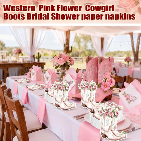 Janlaugh 100 Pcs Pink Western Cowgirl Spring Floral Napkins Paper Pink Boot Floral Party Decorations Paper Guest Towel