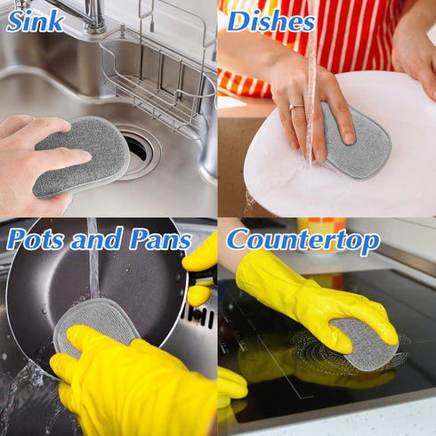 6 Pack Multipurpose Dish Scrubber Sponges | Non-Scratch Microfiber Side for Dishes, Rough Side for Non-Stick Cookware |