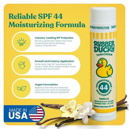 Rubber Ducky Lip Balm with SPF 44, Water Resistant Sunscreen Lip Balm, Vegan, Vanilla Flavor, Broad Spectrum Sunscreen