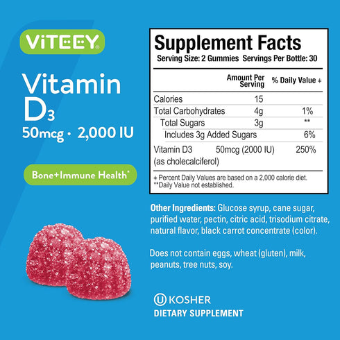 Vitamin D3 Gummies for Adults & Teens - 2,000 IU, 50mcg, Chewable, Vegetarian, Gelatin Free, Tasty Berry Flavor - 50
