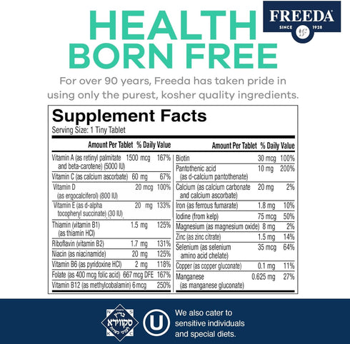Freedavite Tiny Tablet - Moderate Multivitamin for Men and Women, 100 Count, Vitamins A, C, D, E, B1, B2, B6, B12