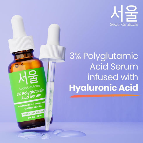 SeoulCeuticals Organic Polyglutamic Acid Serum - K Beauty Anti Aging with Hyaluronic Acid & Centella Asiatica (1oz)