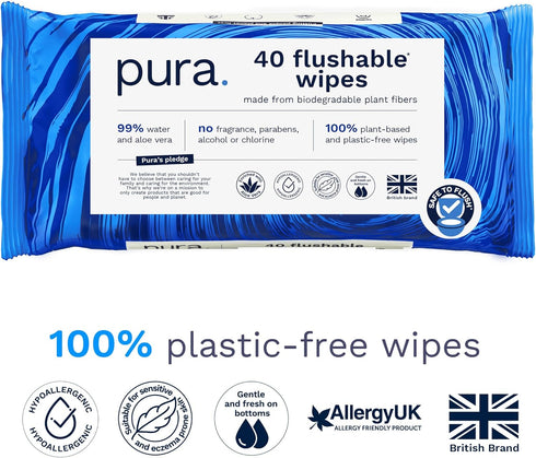 Pura Flushable Wipes 4 x 40 Toilet Wipes (160 Wipes), 100% Plastic Free Moist Toilet Tissue, 99% Water, Totally Chlorine Free & Fragrance Free, Sensitive Skin, Adult Wet Wipes