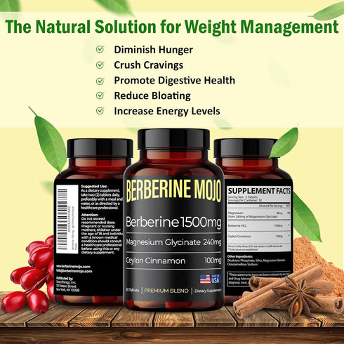 Berberine Supplement 1500mg with Ceylon Cinnamon 100mg & Magnesium Glycinate 240mg for Natural Weight Management - 60