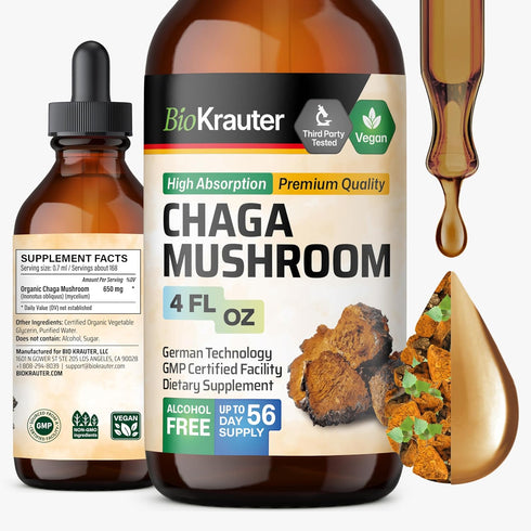 BIO KRAUTER Chaga Mushroom Extract, Tincture for Immune Support - Vegan, Alcohol & Sugar Free Drops 4 Fl.Oz.