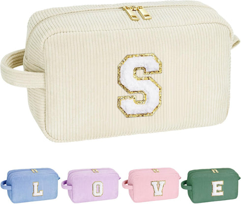 Personalized Monogram Makeup Bag, Cute Gifts for Women, Travel Makeup Organizer Bag, White Makeup Pouch with Letter S