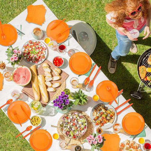 TWOWYHI 228PCS Orange Party Supplies Set, Paper Plates, Cups, Napkins, Plastic Spoons, Forks, Knives for 30 Guests