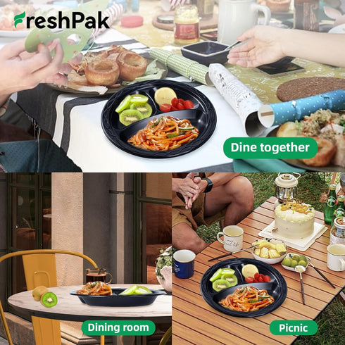 Reusable Plastic Plates, 3 Compartment Black Dinner Plates, Heavy Duty, Microwave Safe, BPA Free, Party Plates