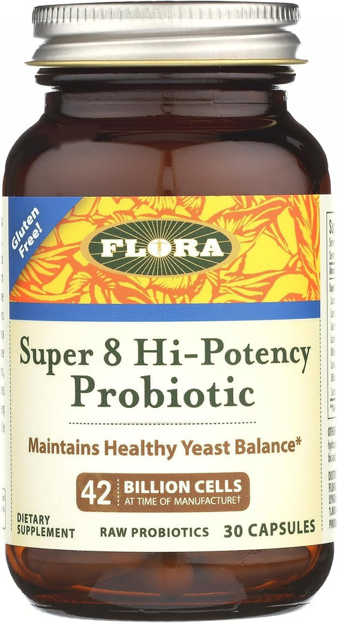 Flora Super 8 Hi Potency Probiotics - 30 Count - 42 Billion CFU, Raw, Gluten Free - Healthy Yeast Balance & Digestive