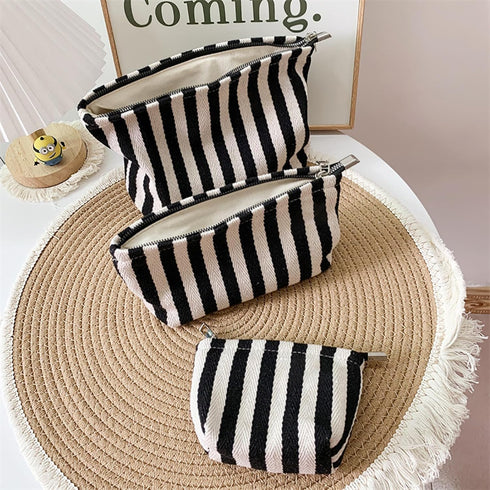 Small Black White Stripe Makeup Brush Bag, Zipper Pouch Organizer for Women Girls