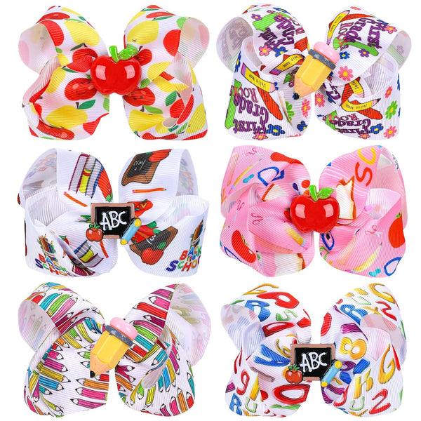 Whaline 6Pcs Back to School Bow Hair Clips, Colorful Grosgrain Hair Bow Barrettes for Kindergarten