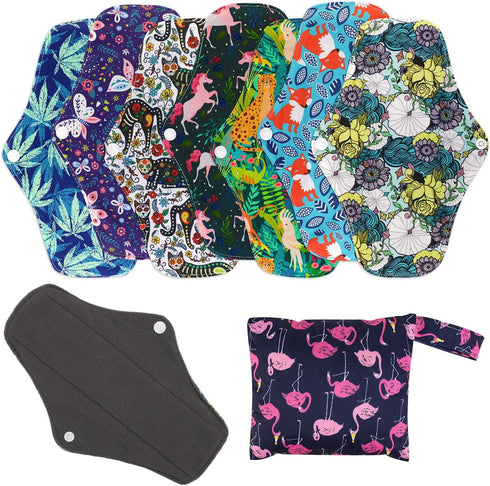 Reusable Menstrual Pads (7 in 1, 25.4cm 4 Layers), Bamboo Cloth Pads for Heavy Flow with Wet Bag