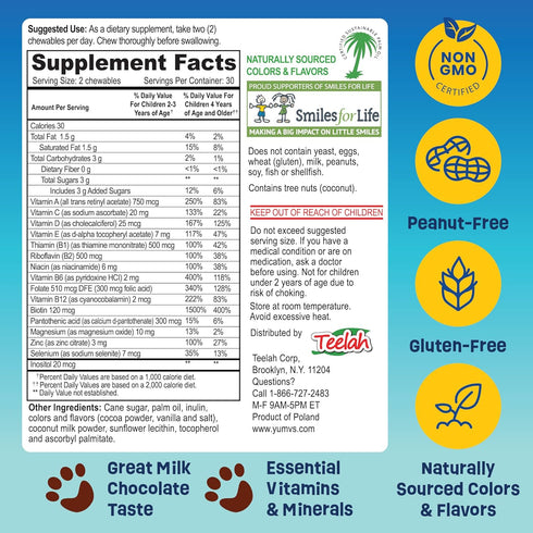 YUM-V'S Kids Multivitamin Chewable Chocolate Bears, 60 Count, Multivitamin for Kids Supplement, 16 Vitamins & Minerals