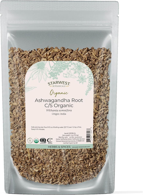 Starwest Botanicals Organic Ashwagandha Root for Tea, Capsules, & Herbal Blends, 4 oz Pouch
