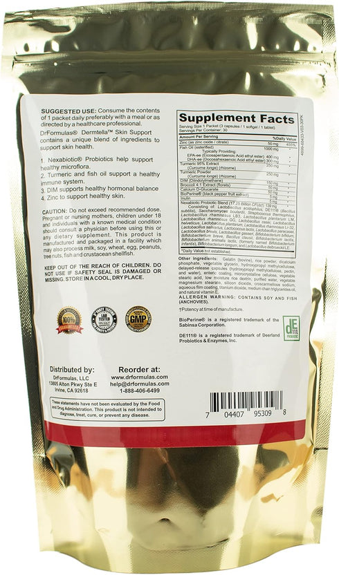 DrFormulas Dermtella Clear Skin Support Packs | Pills with Zinc, Probiotics & DIM | 1 Month Supply for Women, Teens &